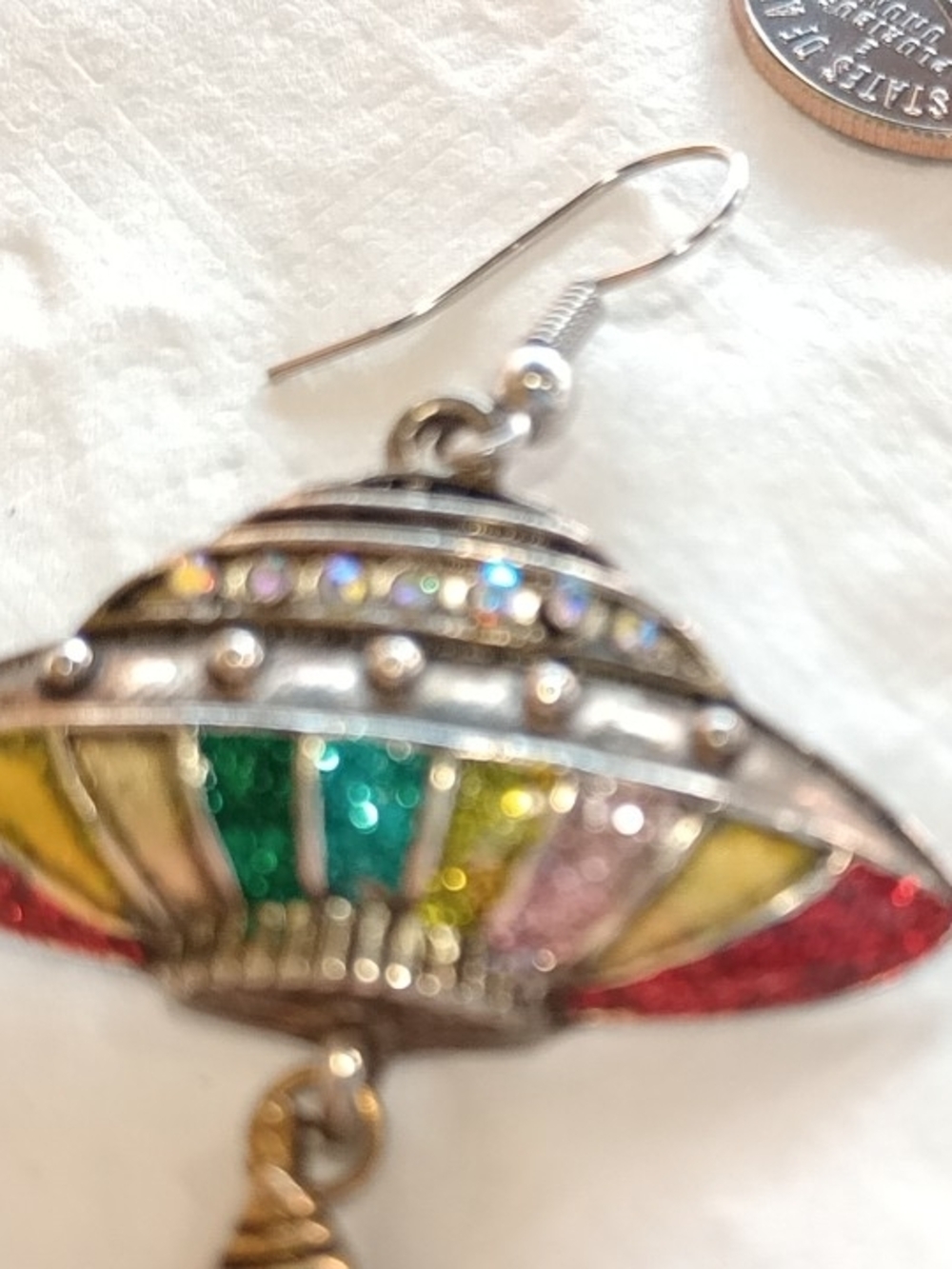 Vintage Multicolor Glitter UFO and Rocket Drop Earrings MCM Mid-century Modern - Picture 8 of 10